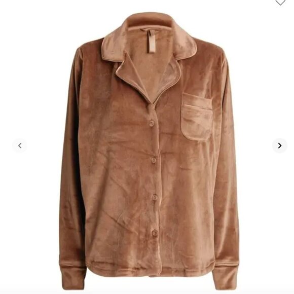 Skims Velour Button Up Sleep Shirt Collared Crushed Velvet Top Tan Plus Size 2X - Picture 9 of 10